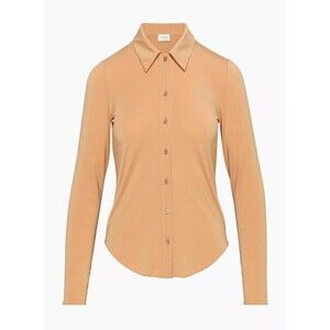 Wilfred Aritzia "Pose" Mustard Yellow Relux Jersey Button Down Blouse sz Medium